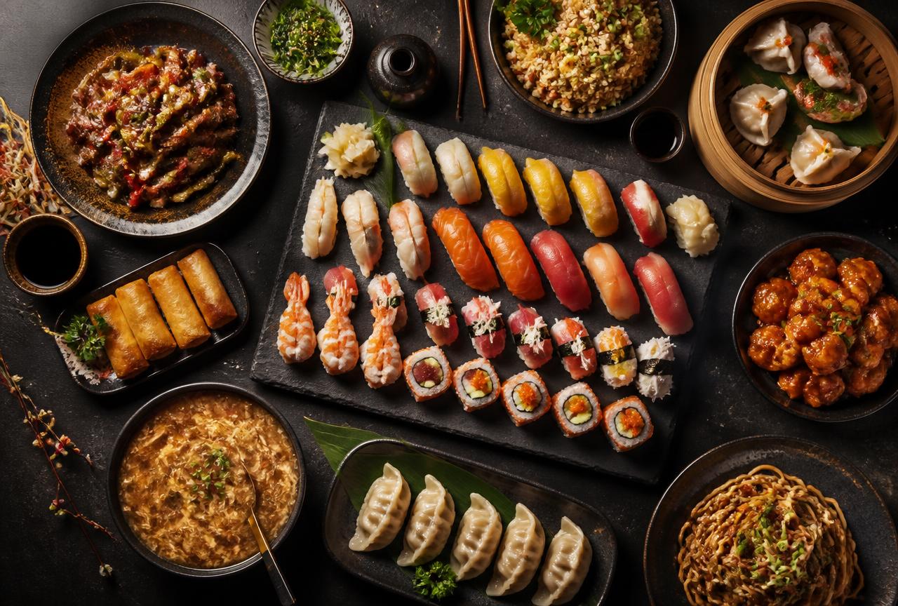 Výber čínskych špecialít a čerstvého sushi zo Zlatej Číny
